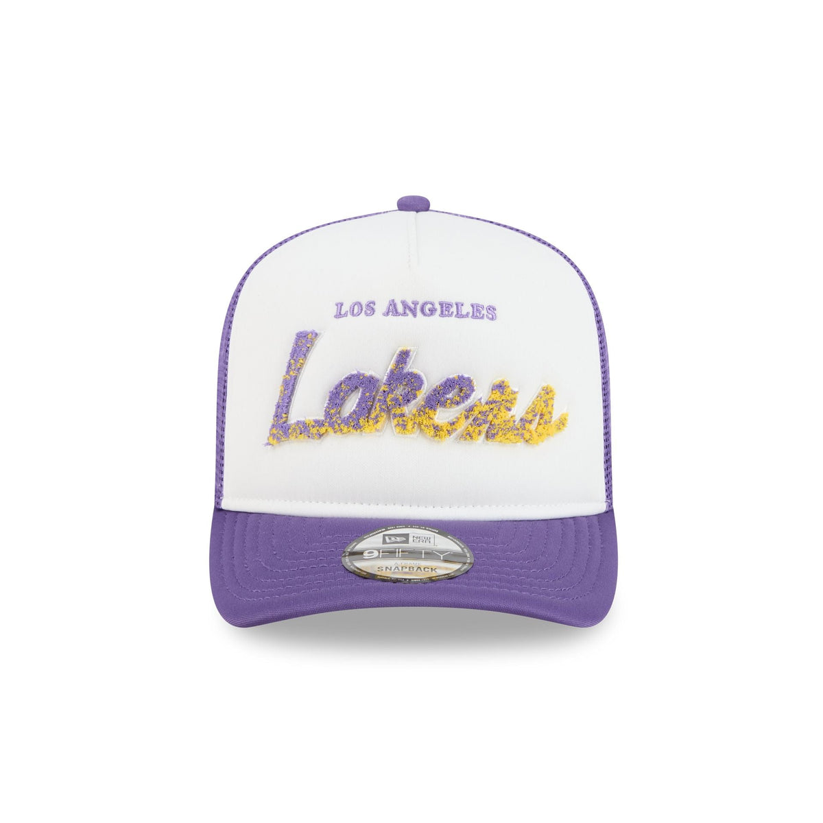 Los Angeles Lakers Fade Script 9FIFTY A-Frame Trucker Hat