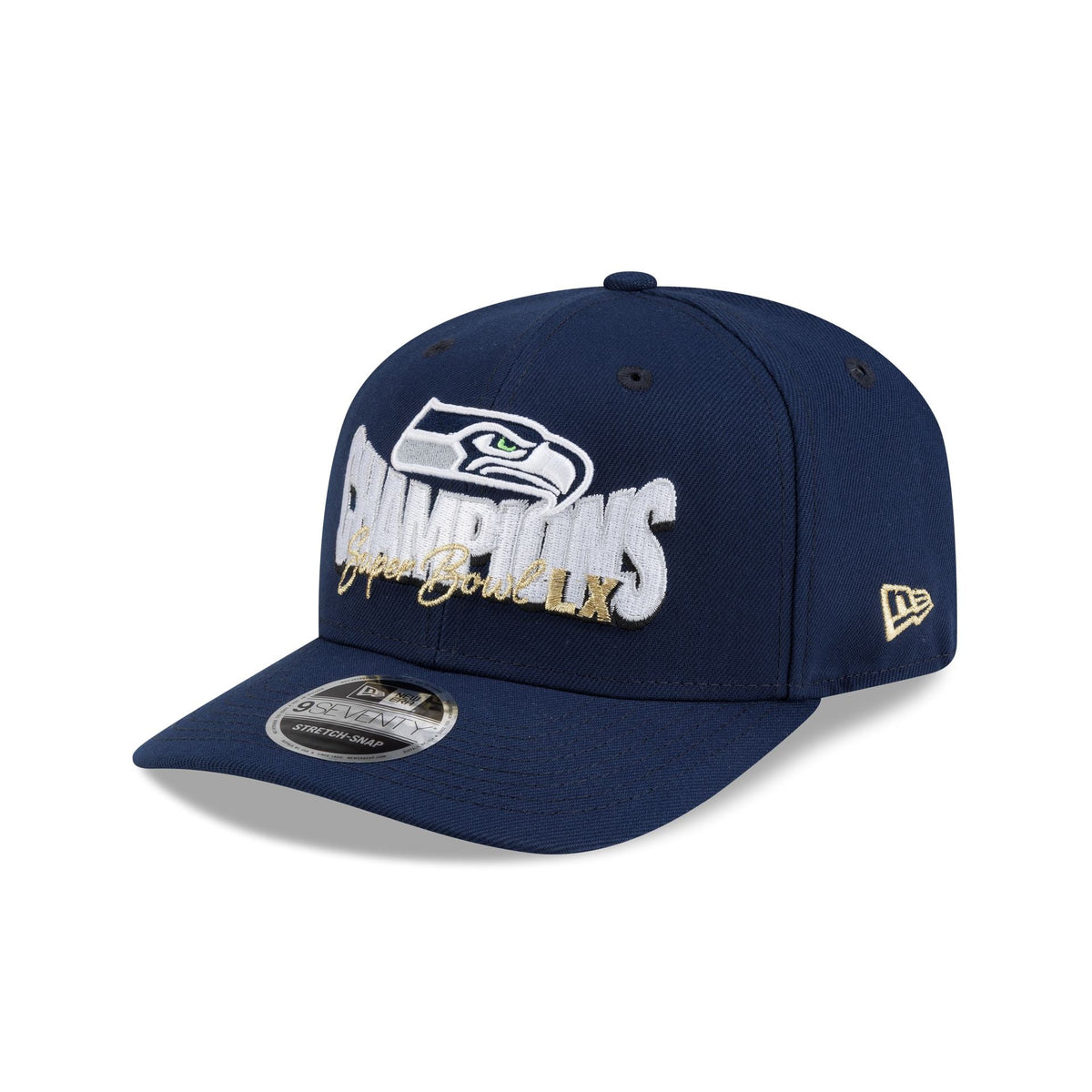 Seattle Seahawks Super Bowl LX Champions Navy Gold Script 9SEVENTY Stretch-Snap Hat