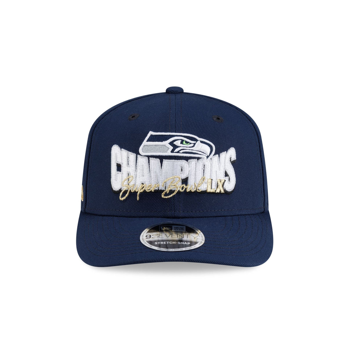 Seattle Seahawks Super Bowl LX Champions Navy Gold Script 9SEVENTY Stretch-Snap Hat